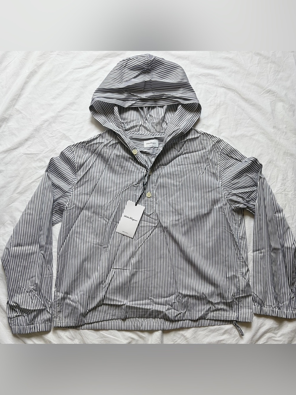 Salvatore Ferragamo Striped Hooded Pullover Shirt, size 50 (M/L)
